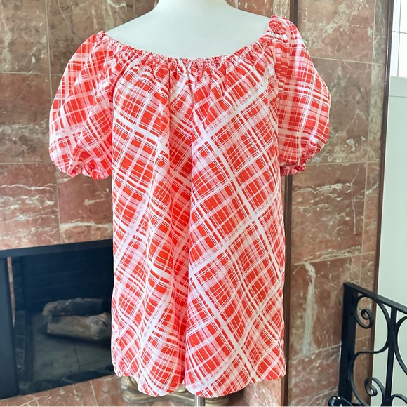 Off shoulder Puffy Sleeves Red White Checked Top Size Large - Picture 6 of 10